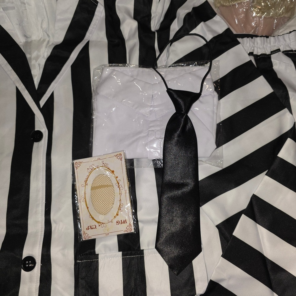 Beetlejuice Costume Set Mens XL Striped Blazer Pants Wig Tie Halloween Cosplay - Picture 3 of 8